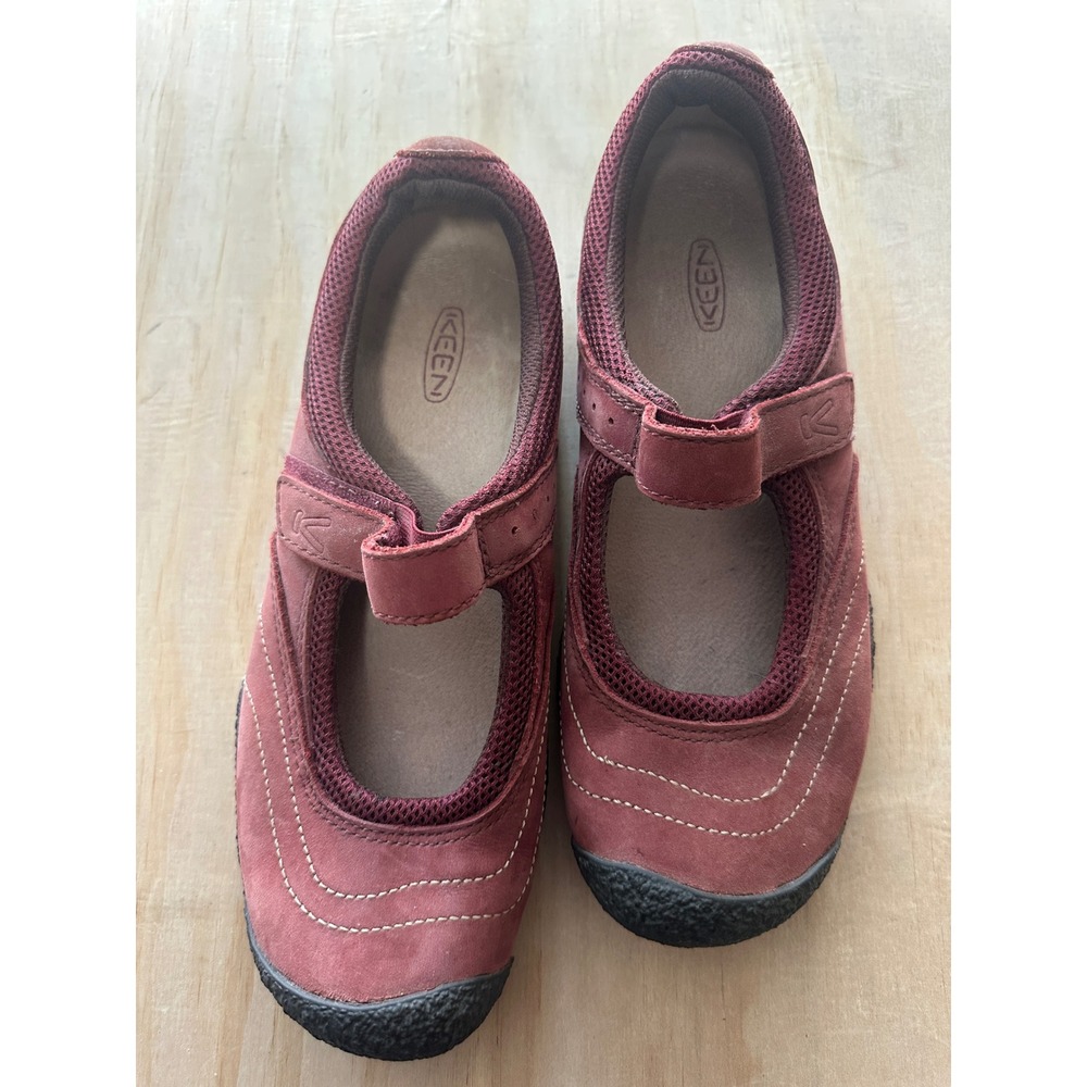 Keen Women Burgundy Red Nubuck Leather Mary Jane Flats Hook Loop Strap Shoes